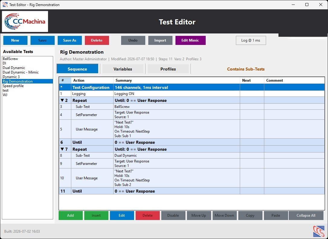 CCMachina Test Editor showing a test sequence built from sub-tests